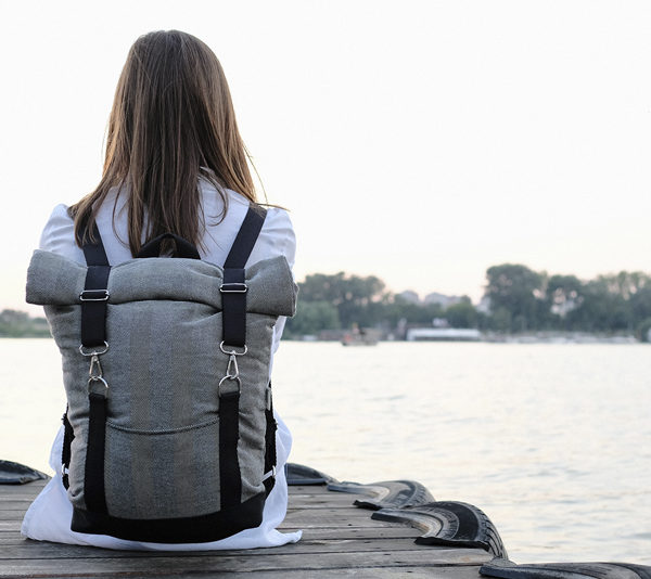 Roll top backpack herringbone canvas with black stripes