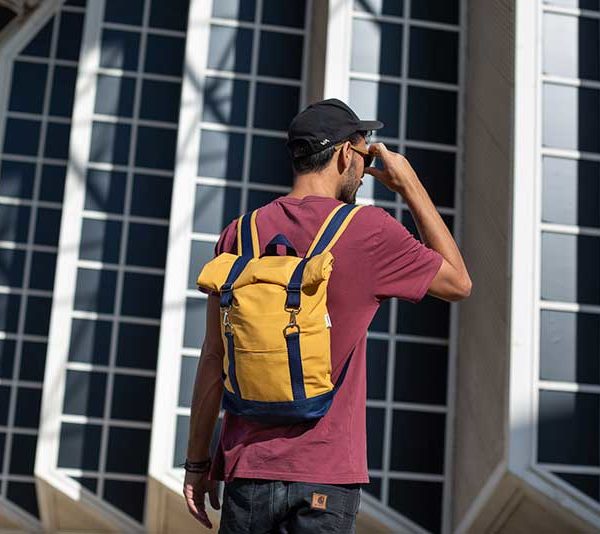 handmade mustard yellow roll top backpack