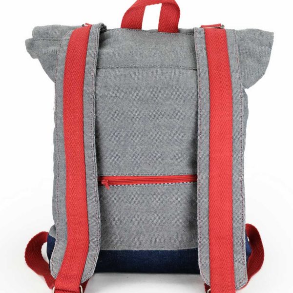 handmade blue denim roll top backpack