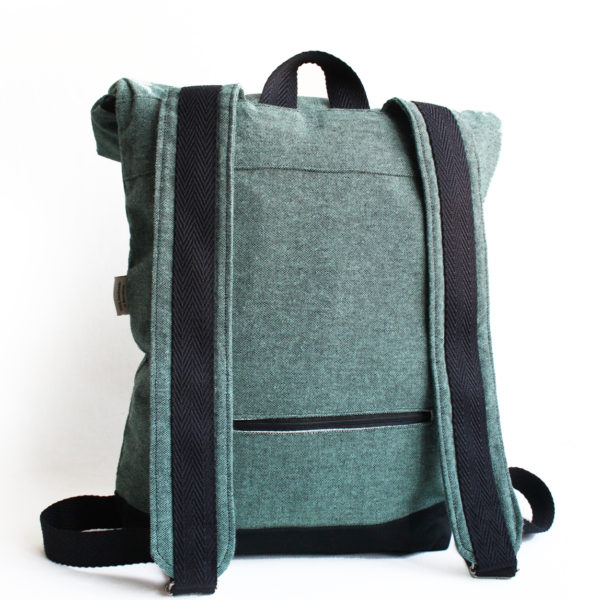 handmade green blue roll top backpack