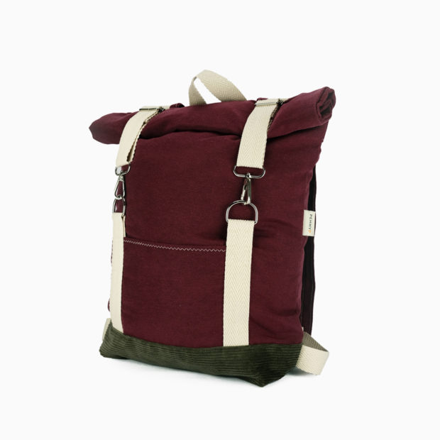 Roll top backpack burgundy red – reinforced white straps