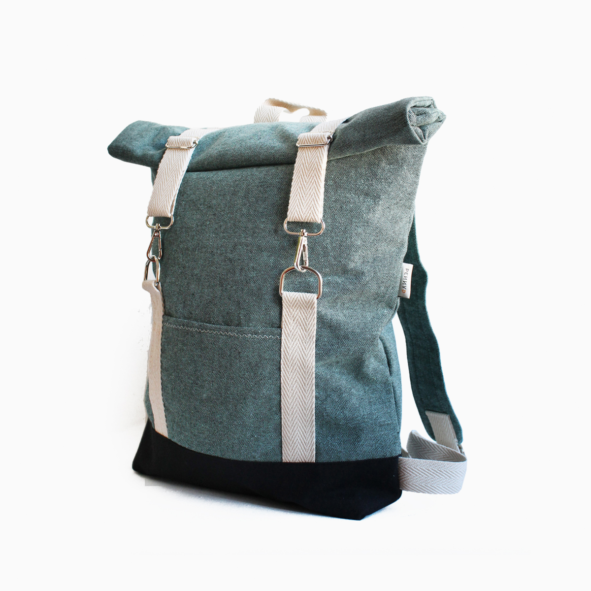 Roll top backpack green canvas with white straps - PennyP