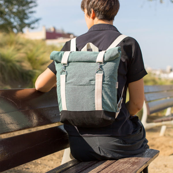 Roll top backpack green canvas with white stripes