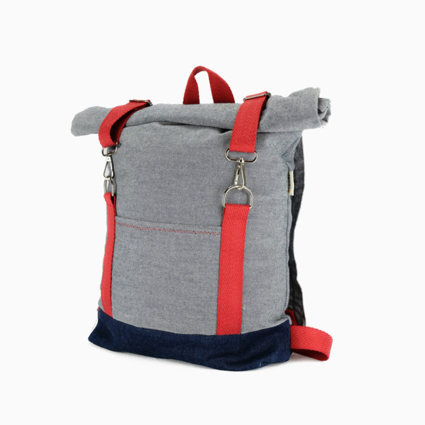 Roll top backpack light blue – reinforced red straps