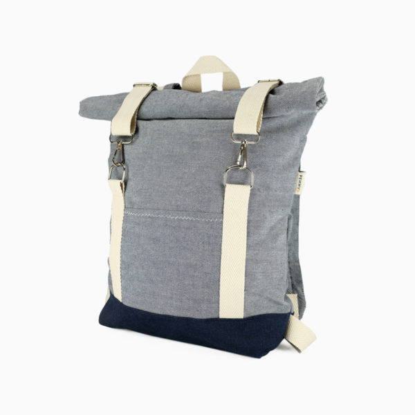 Roll top backpack light blue – reinforced white straps