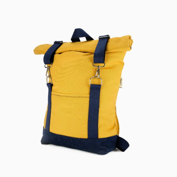 Rolltop backpack yellow mustard – reinforced blue straps