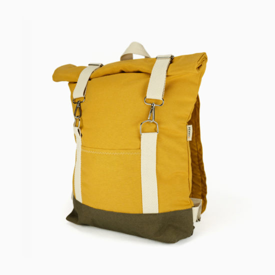 Roll top backpack yellow mustard – reinforced white straps 01