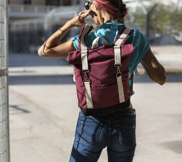 Roll top backpack burgundy canvas with white stripes