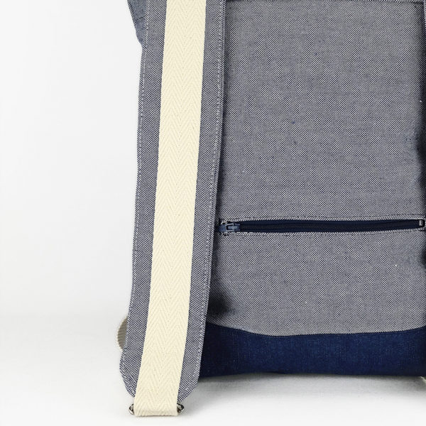 Roll top backpack light blue canvas with white stripes