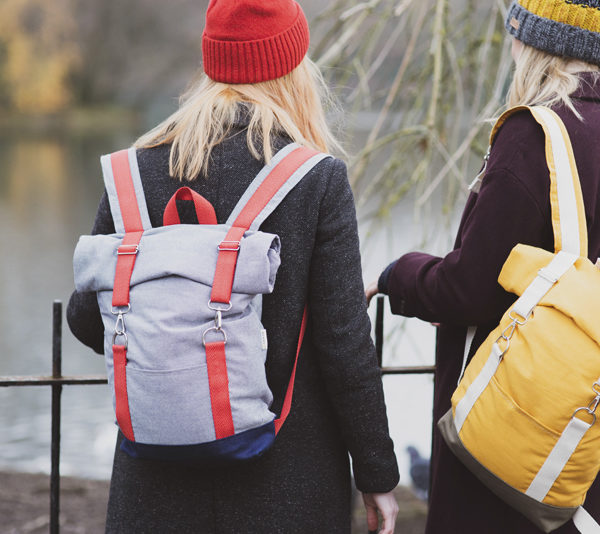 Roll top rucksack light blue with red stripes