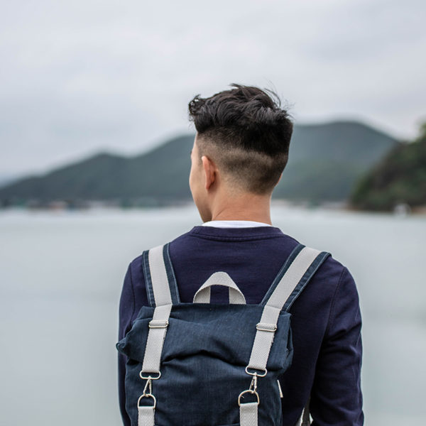 Roll top backpack denim blue canvas with white stripes