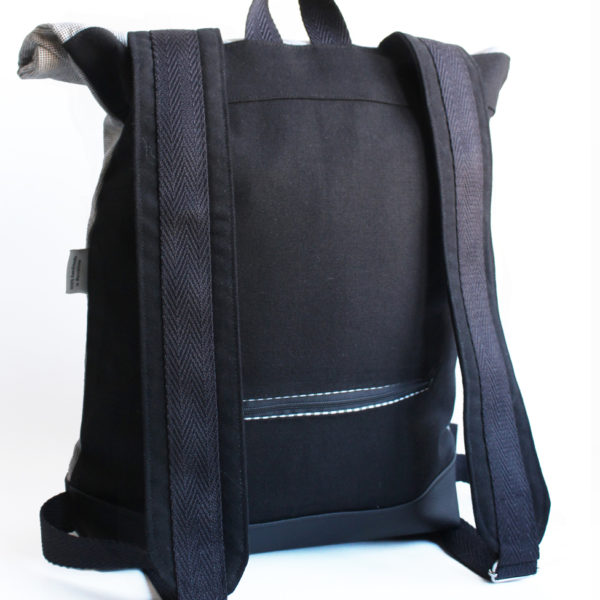 handmade roll top black and white cotton backpack vegan