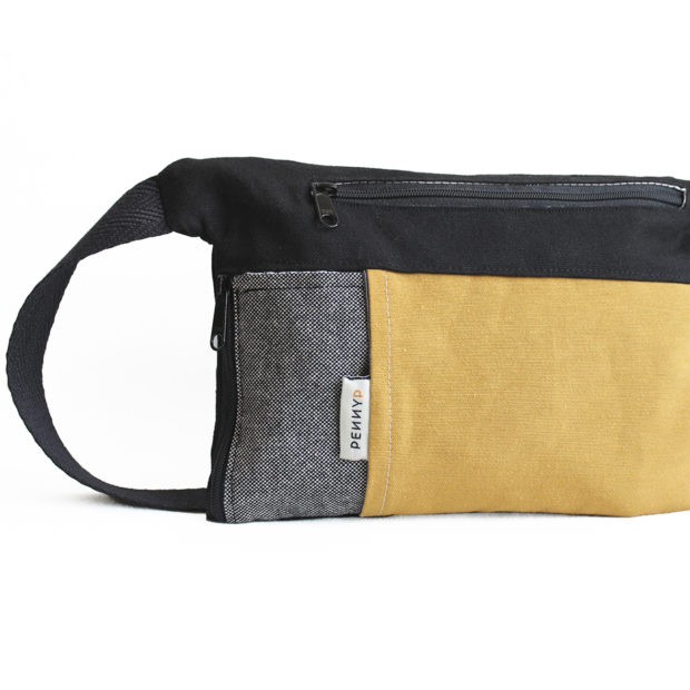 handmade grey yellow bum bag with water bottle holder