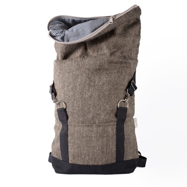 handmade blown grey jute roll top backpack