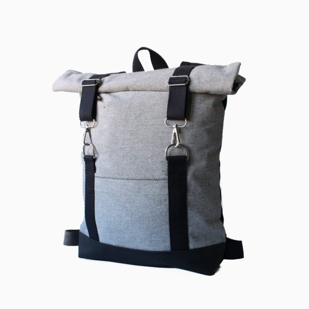 Roll top backpack black white – reinforced black straps