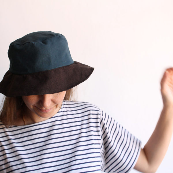 petrol green brown cotton bucket hat narrow brim