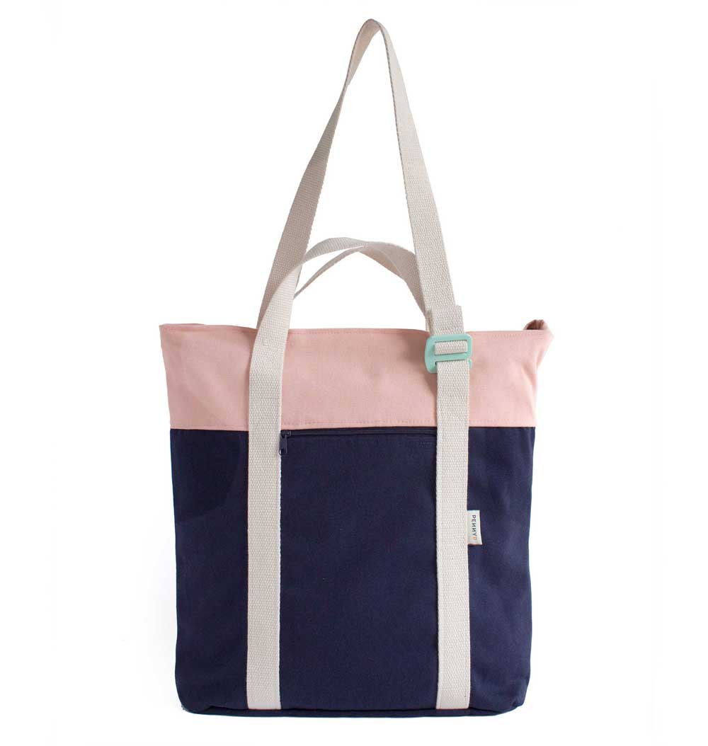 Recycled convertible tote backpack blue pink