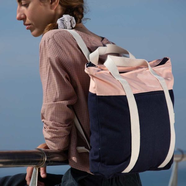 recycled convertible backpack blue pink