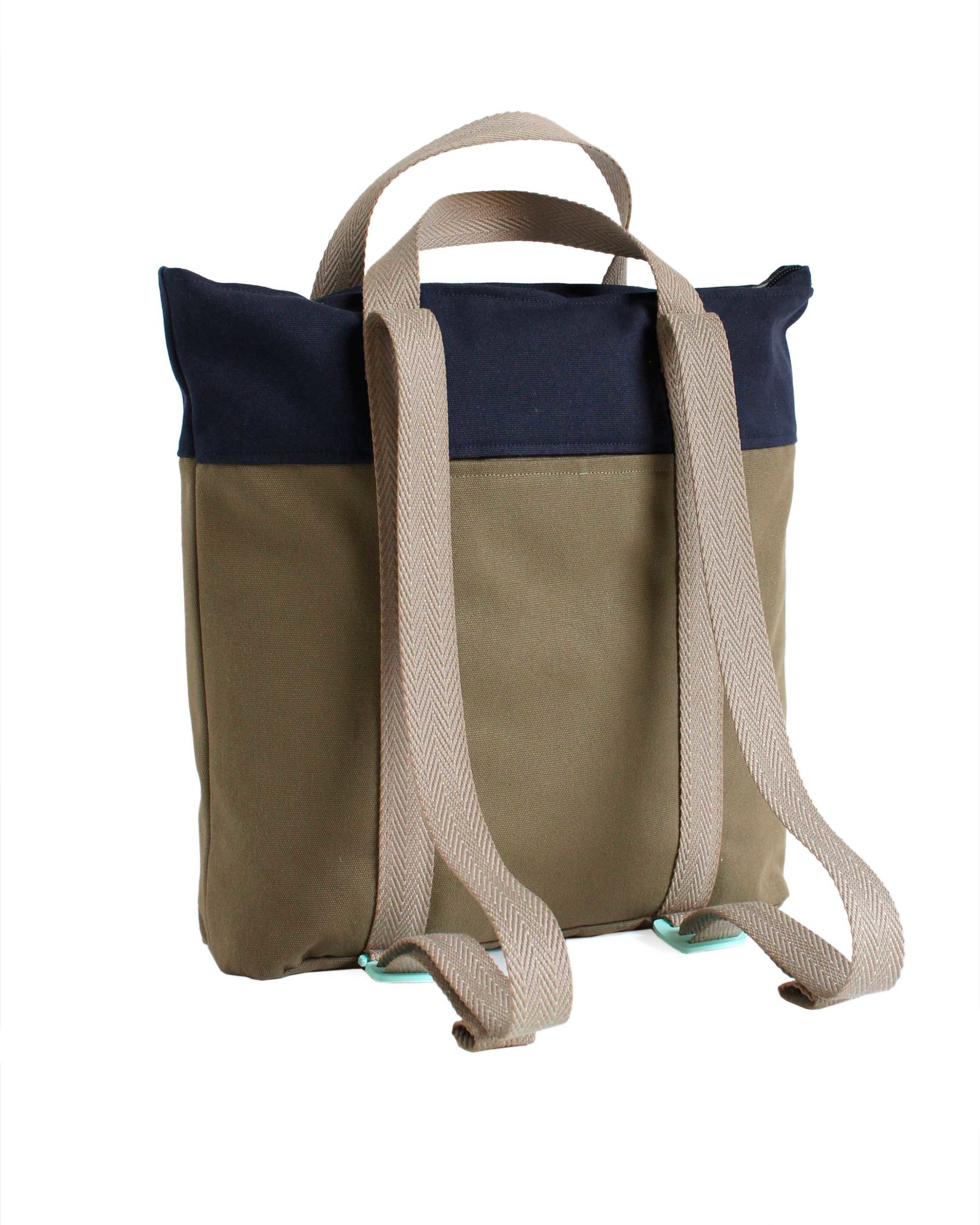 Recycled convertible tote backpack khaki blue - PennyP