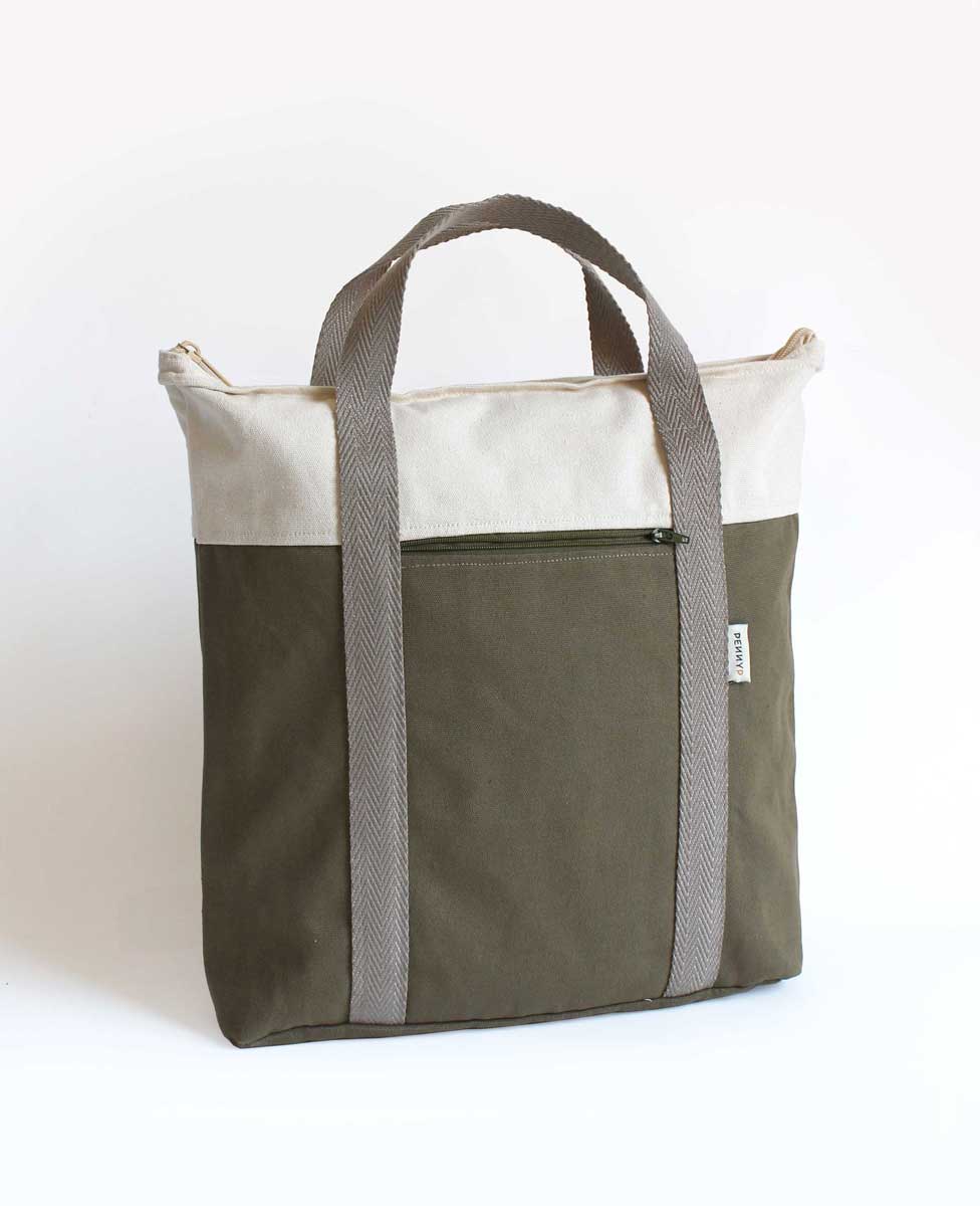 Recycled convertible tote backpack khaki white - PennyP