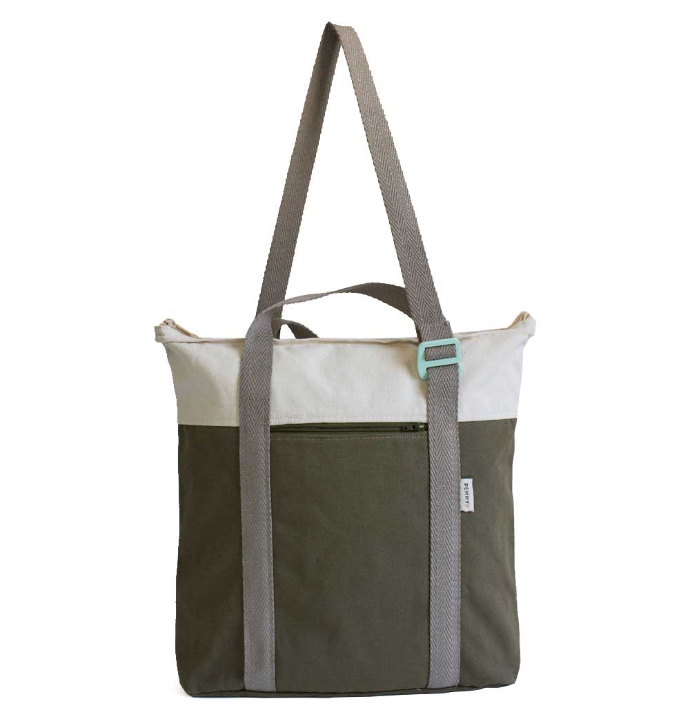 Recycled convertible tote backpack khaki white - PennyP