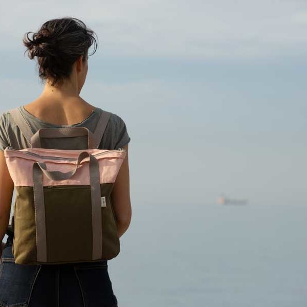 Recycled convertible tote backpack khaki blue