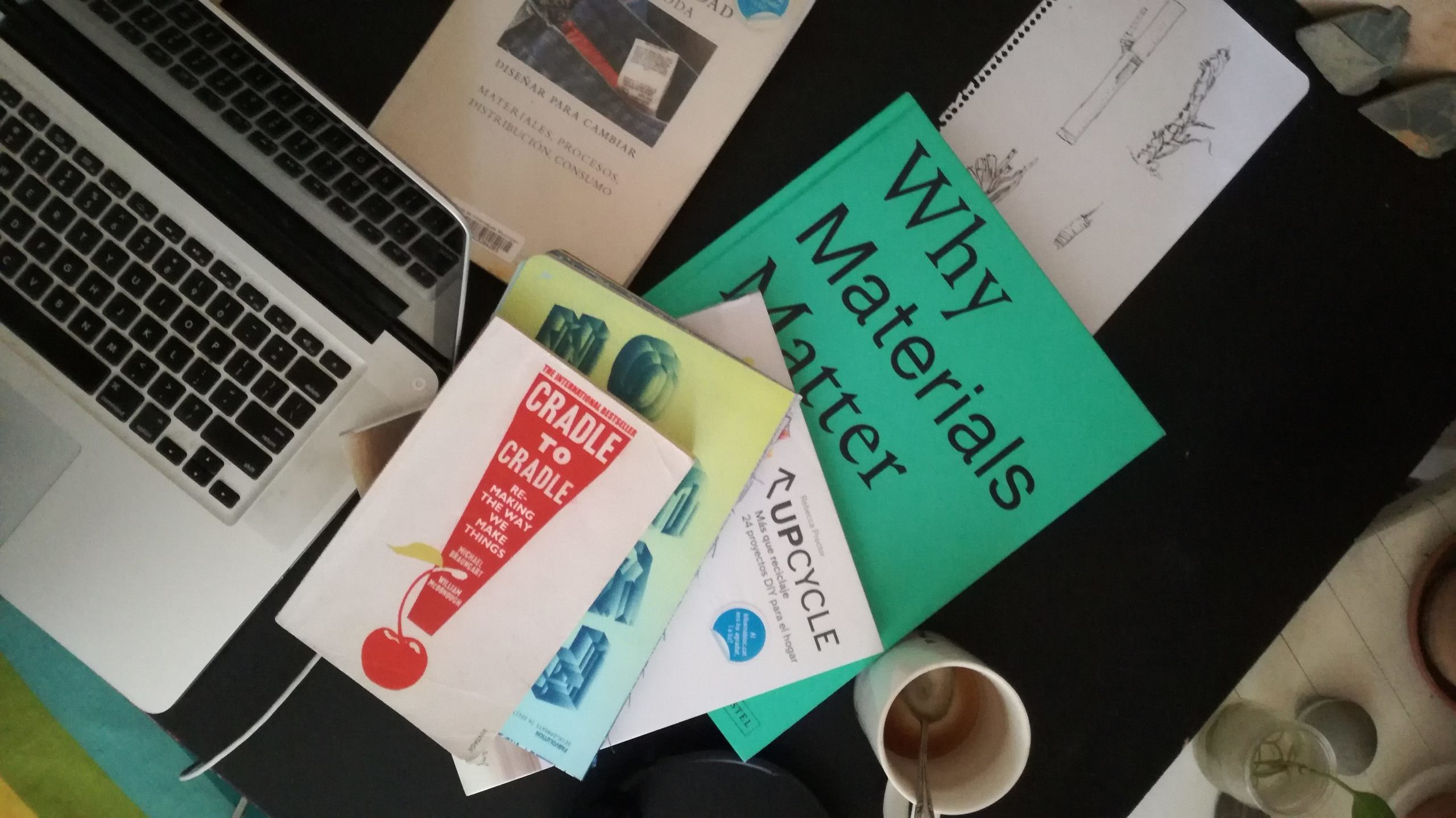 books on circular economy on a desk, among them cradle to cradle, why materials matter, sustainable fashion