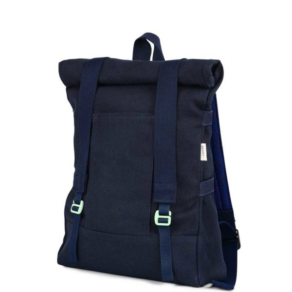blue recycled roll top backpack khaki