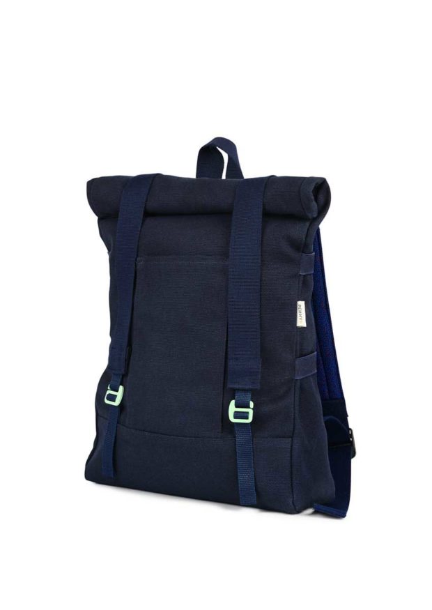 blue recycled roll top backpack khaki