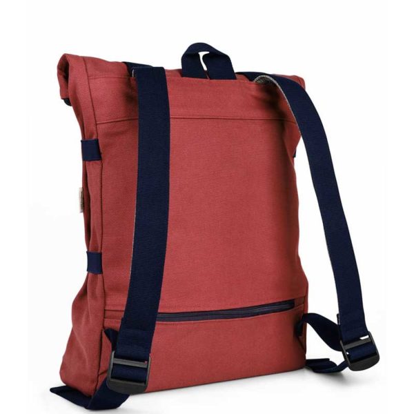 red recycled roll top backpack back side