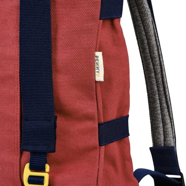red recycled roll top backpack detail